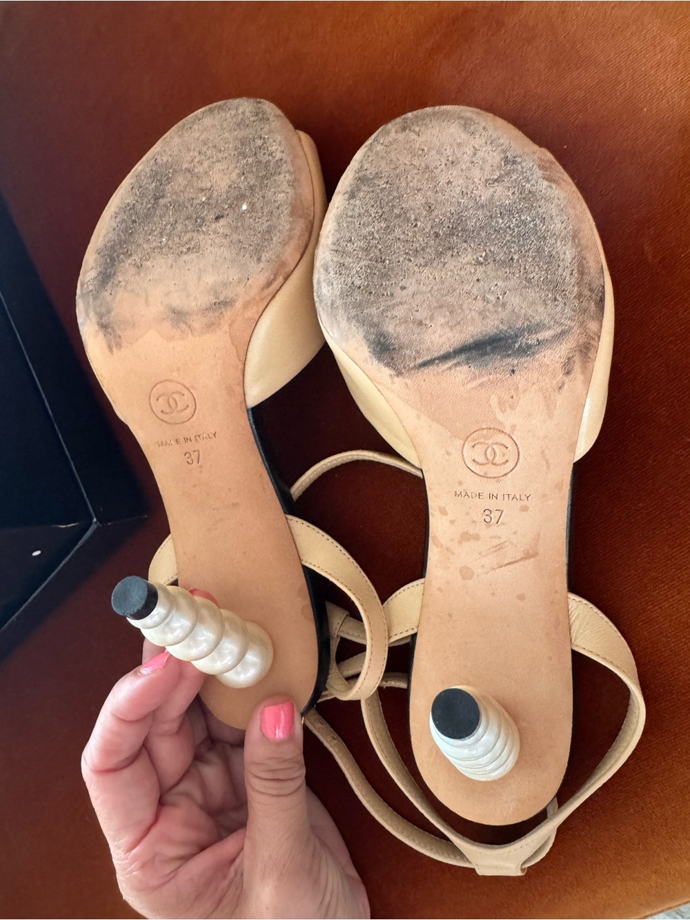 CHANEL Tan Leather Open-Toe Ankle Strap with pearl heels - Picture 11 of 13
